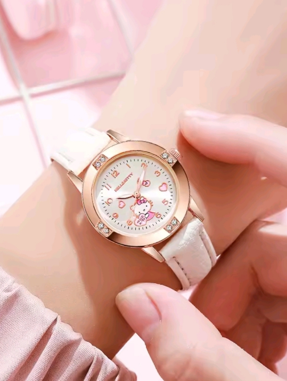 Sanrio Hello Kitty White Leather Watch 29mm Rose Gold Rhinestone Case NEW